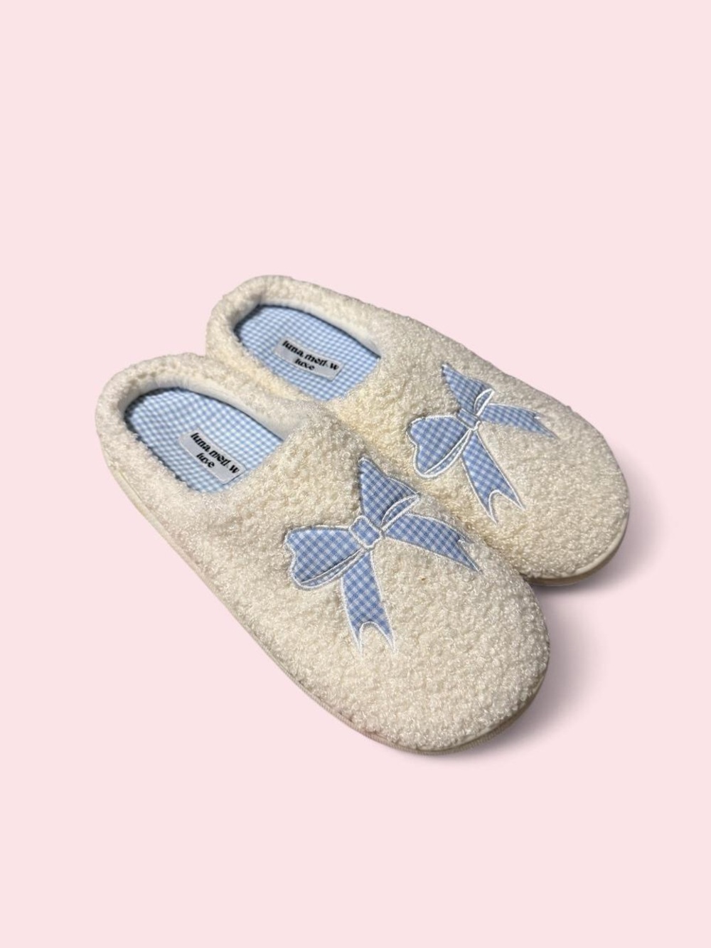 Plush Cream Sherpa Slip-On Slippers with Light Blue Gingham Bow